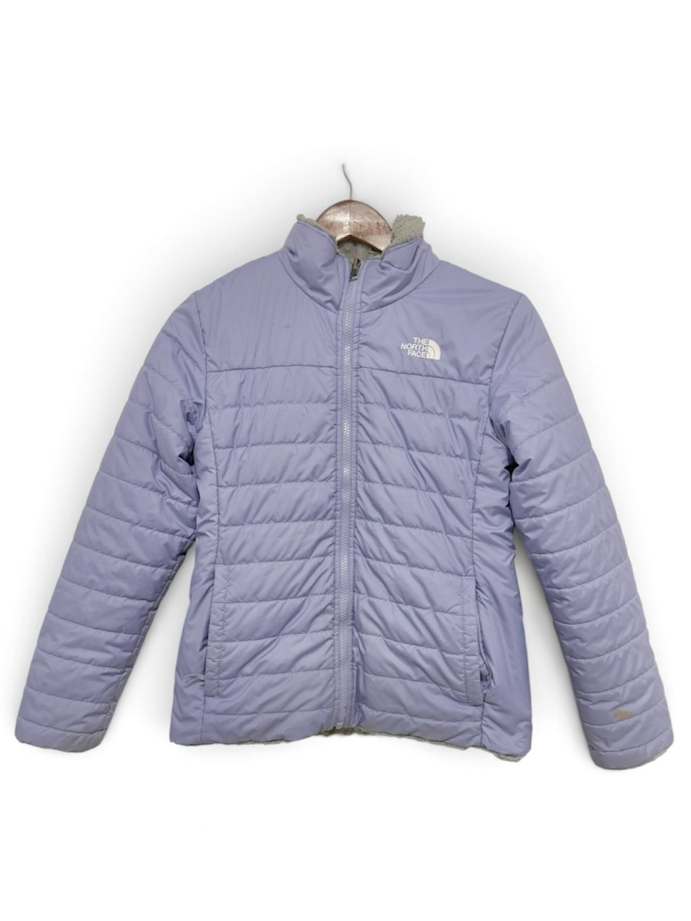 North Face Girls' Reversizble Mossbud Swirl Jacket Purple & Gray Size L 14/16